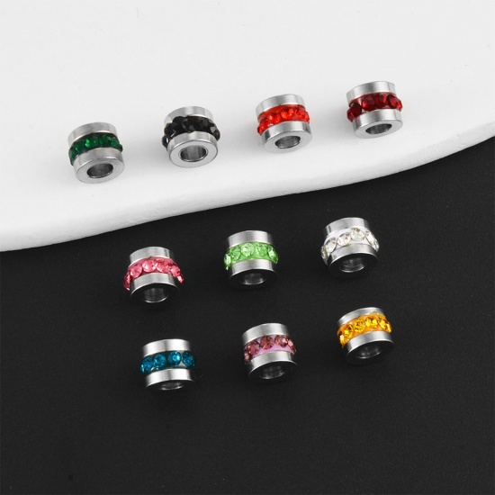 Picture of 304 Stainless Steel Birthstone Beads For DIY Charm Jewelry Making Single Hole Tube Silver Tone Multicolor Rhinestone