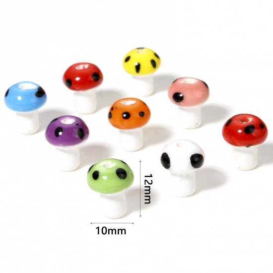 Immagine di 10 Pz Ceramica Diatanziale Perline per la Creazione di Gioielli con Ciondoli Fai-da-te Fungo Multicolore Circa 3D Circa 12mm x 10mm, Foro: Circa 2mm