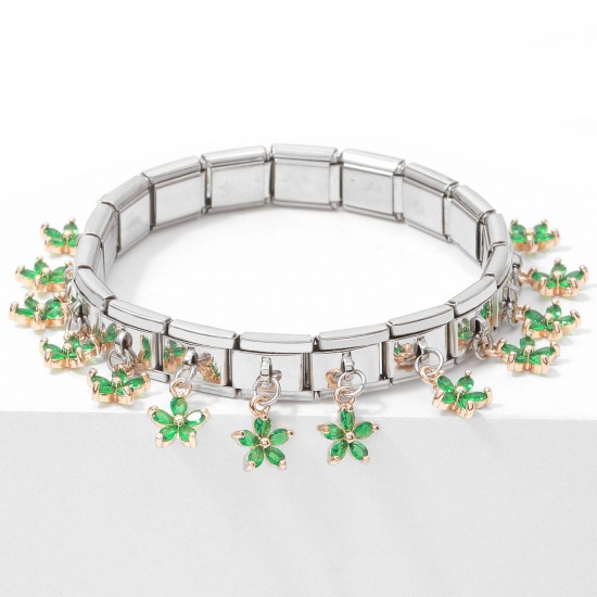 Image de 1 Pièce Bracelet à Maillons Breloques Italiens Accessories de Fabrication de Bracelets Bijoux DIY en 304 Acier Inoxydable Argent Mat Rectangle Fleurs avec Pendentif 10mm x 9mm