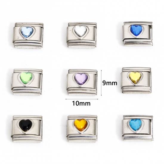 Picture of 304 Stainless Steel Valentine's Day Italian Charm Links For DIY Bracelet Jewelry Making Silver Tone Rectangle Heart Multicolor Rhinestone 10mm x 9mm