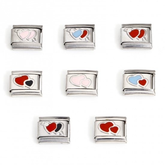 Picture of 304 Stainless Steel Valentine's Day Italian Charm Links For DIY Bracelet Jewelry Making Silver Tone Rectangle Heart Enamel 10mm x 9mm