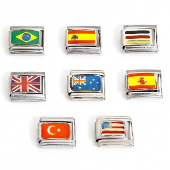 Image de 1 Pièce Bracelet à Maillons Breloques Italiens Accessories de Fabrication de Bracelets Bijoux DIY en 304 Acier Inoxydable Argent Mat Rectangle Drapeaux National Émail 10mm x 9mm