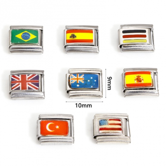 Image de 1 Pièce Bracelet à Maillons Breloques Italiens Accessories de Fabrication de Bracelets Bijoux DIY en 304 Acier Inoxydable Argent Mat Rectangle Drapeaux National Émail 10mm x 9mm