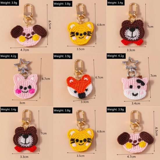 Picture of Polyester Cute Keychain & Keyring Gold Plated Black & Yellow Cat Animal Head Portrait