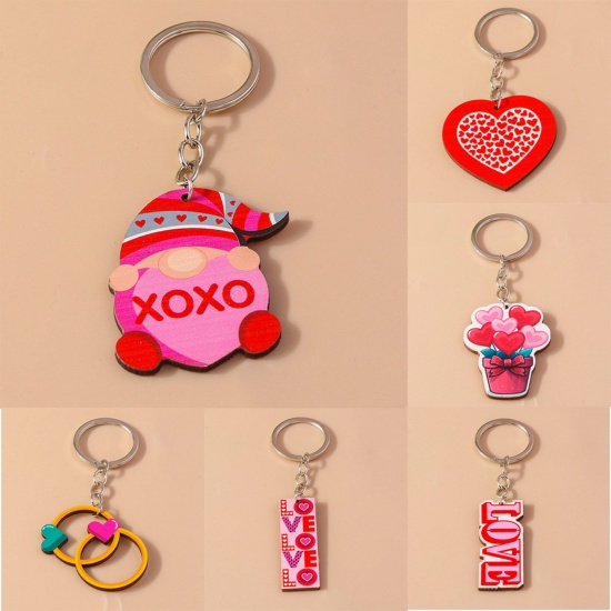 Picture of Wood Valentine's Day Keychain & Keyring Silver Tone Multicolor Bicyclic Heart