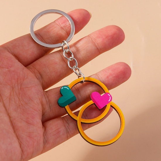 Picture of Wood Valentine's Day Keychain & Keyring Silver Tone Multicolor Bicyclic Heart