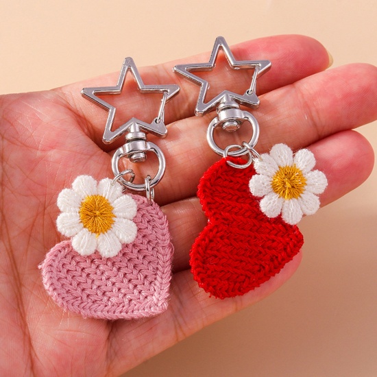Bild von 1 Stück Terylen Valentinstag Schlüsselkette & Schlüsselring Silberfarbe Bunt Herz Blumen