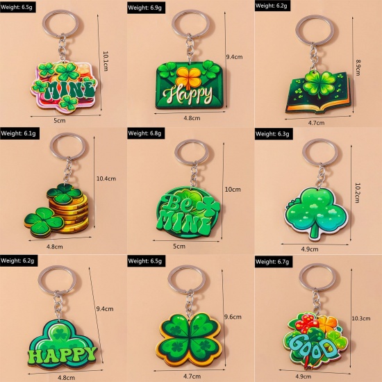 Picture of Wood St Patrick's Day Keychain & Keyring Silver Tone Multicolor Leaf Clover Pot Plant