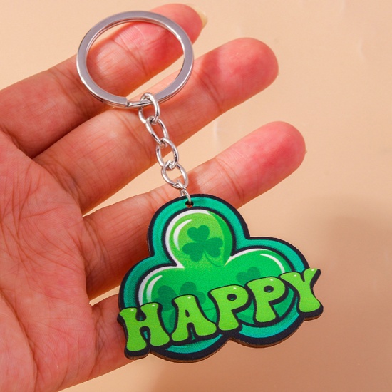 Picture of Wood St Patrick's Day Keychain & Keyring Silver Tone Multicolor Leaf Clover Pot Plant