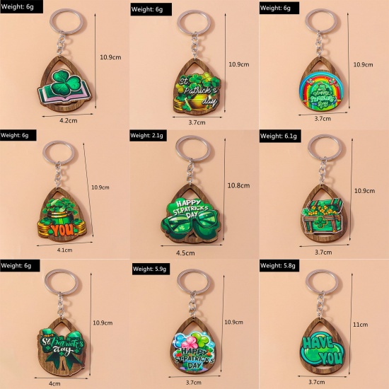Picture of Wood St Patrick's Day Keychain & Keyring Silver Tone Drop Eyeglasses Hollow
