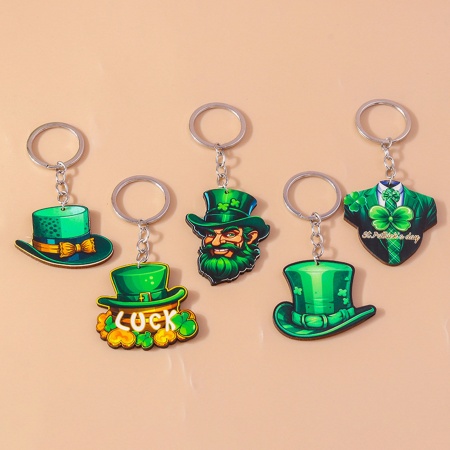 Natural Wood St Patrick's Day Keychain & Keyring Silver Tone Hat Bowknot