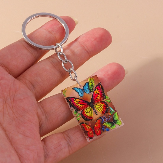 Picture of Acrylic Pastoral Style Keychain & Keyring Silver Tone Rectangle Painting