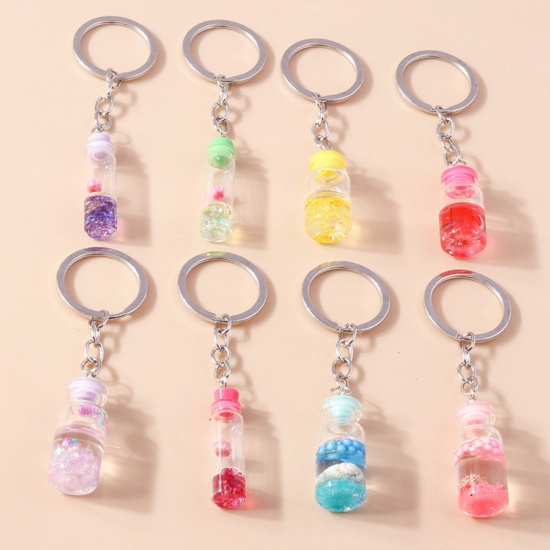 Picture of Resin Handmade Resin Jewelry Real Flower Keychain & Keyring Silver Tone Multicolor Drift Bottle Shaped Flower