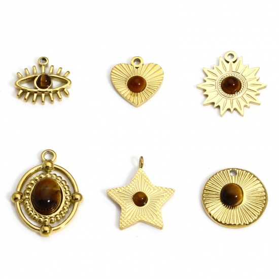 Bild von 1 Stück Titanstahl & Tigerauge Retro Charms 18K Echtgold plattiert Sonnenblume