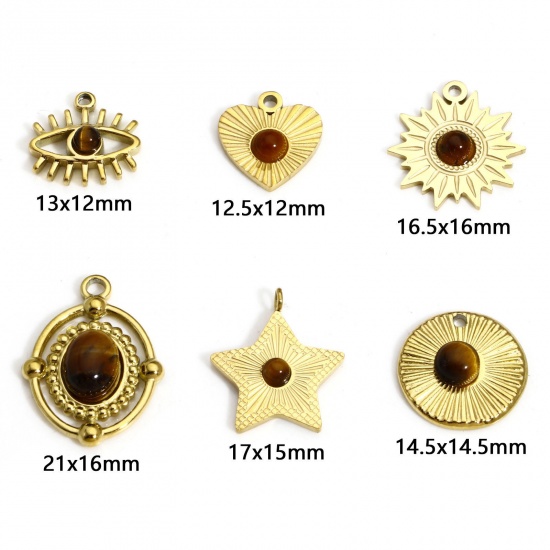 Bild von 1 Stück Titanstahl & Tigerauge Retro Charms 18K Echtgold plattiert Sonnenblume
