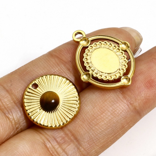Bild von 1 Stück Titanstahl & Tigerauge Retro Charms 18K Echtgold plattiert Sonnenblume