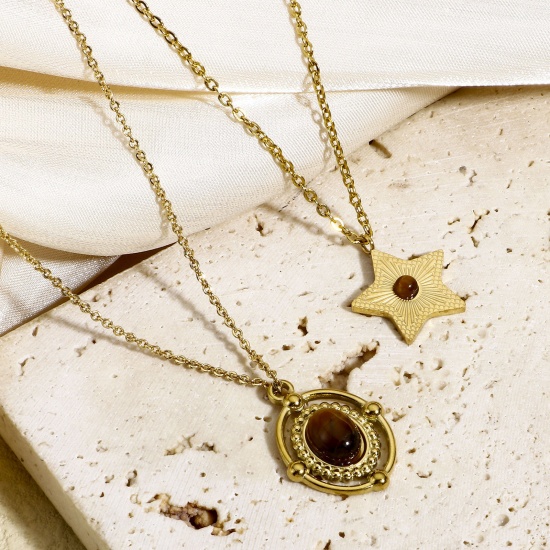 Bild von 1 Stück Titanstahl & Tigerauge Retro Charms 18K Echtgold plattiert Sonnenblume