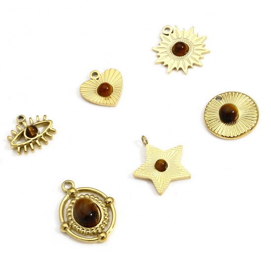 Bild von 1 Stück Titanstahl & Tigerauge Retro Charms 18K Echtgold plattiert Sonnenblume