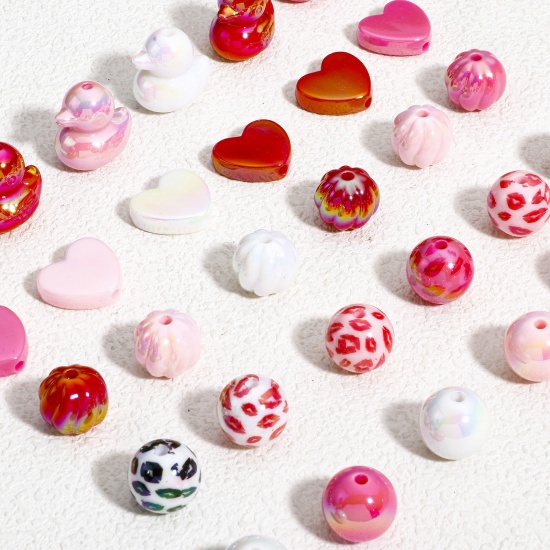 Picture of Acrylic Valentine's Day Beads For DIY Charm Jewelry Making Pink At Random Mixed Color Heart Leopard Print AB Color