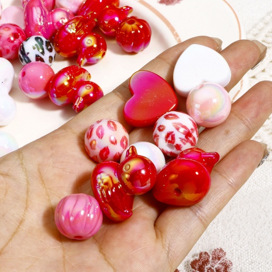 Picture of Acrylic Valentine's Day Beads For DIY Charm Jewelry Making Pink At Random Mixed Color Heart Leopard Print AB Color