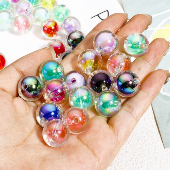 Picture of Acrylic Beads For DIY Charm Jewelry Making At Random Mixed Color AB Rainbow Color Round Beads in Bead About 16mm Dia., Hole: Approx 2.6mm
