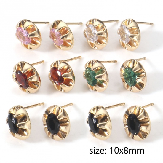 Picture of Eco-friendly Vacuum Plating Stylish Birthstone 18K Real Gold Plated Multicolor Copper & Cubic Zirconia Oval Ear Post Stud Earrings For Women Birthday