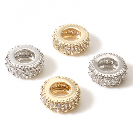 Picture of Brass Geometric European Style Large Hole Charm Beads Real Gold Plated Wheel Micro Pave Clear Rhinestone                                                                                                                                                      