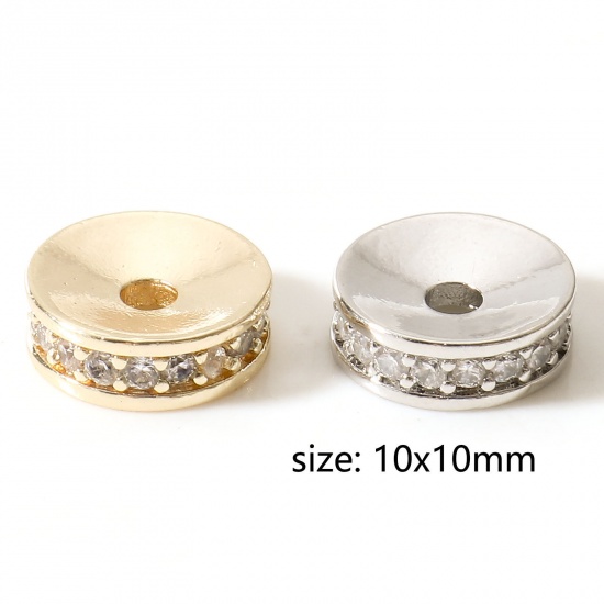 Picture of Brass Geometric Beads For DIY Charm Jewelry Making Real Gold Plated Flat Round Micro Pave Clear Rhinestone                                                                                                                                                    