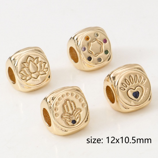 Picture of Brass Religious European Style Large Hole Charm Beads 18K Real Gold Plated Lotus Flower Hamsa Symbol Hand Micro Pave Multicolor Rhinestone                                                                                                                    