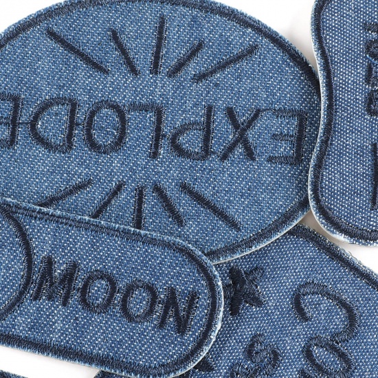 Picture of Polyester Self-adhesive Patches Embroidery Appliques For T-Shirt Clothes Dress Jeans Jacket Stickers Badges DIY Sewing Craft Clothing Decoration Dark Blue Geometric