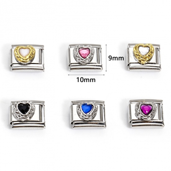 Picture of 304 Stainless Steel Italian Charm Links For DIY Bracelet Jewelry Making Silver Tone Rectangle Heart Rhinestone 10mm x 9mm