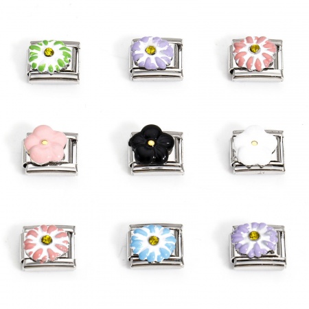 304 Stainless Steel Italian Charm Links For DIY Bracelet Jewelry Making Silver Tone Rectangle Carved Pattern Yellow Rhinestone 10mm x 9mm