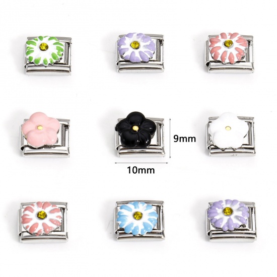 Bild von 1 Stück 304 Edelstahl Charm-Armband mit italienischen Gliedern zur Herstellung von DIY-Schmuck Silberfarbe Rechteck Geschnitzte Muster Gelb Strass 10mm x 9mm