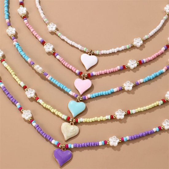 Picture of Resin Valentine's Day Pendant Necklace Multicolor Heart Flower Beaded