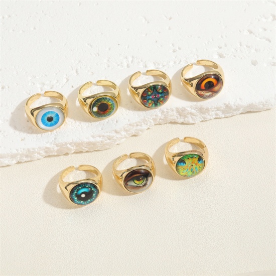 Picture of Brass Religious Open Adjustable Rings Round Eye Gold Plated Multicolor With Resin Cabochons                                                                                                                                                                   