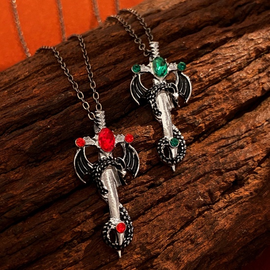 Bild von 1 Strang Gotisch Anhänger Halskette Antiksilber Kreuz Drache Bunt Strass