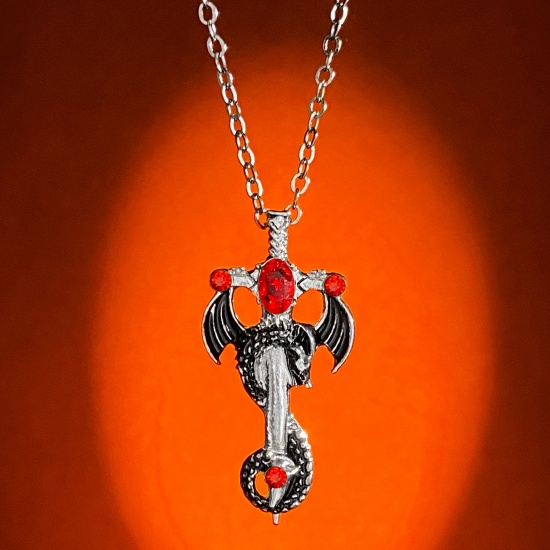 Bild von 1 Strang Gotisch Anhänger Halskette Antiksilber Kreuz Drache Bunt Strass