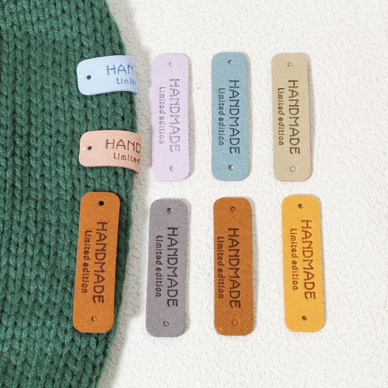 Immagine di 20 Pz PU Etichetta Etichetta per Abbigliamento Rettangolo Multicolore " Hand Made " 5.5cm x 1.5cm