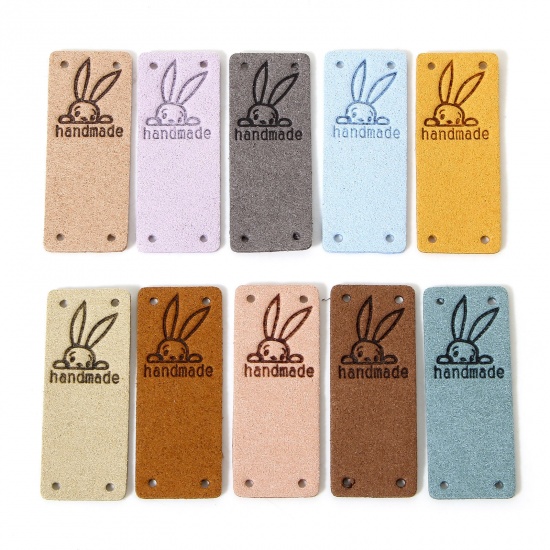 Picture of PU Easter Day Label Tag For Clothing Rectangle Multicolor Rabbit Pattern " Hand Made " 5cm x 2cm