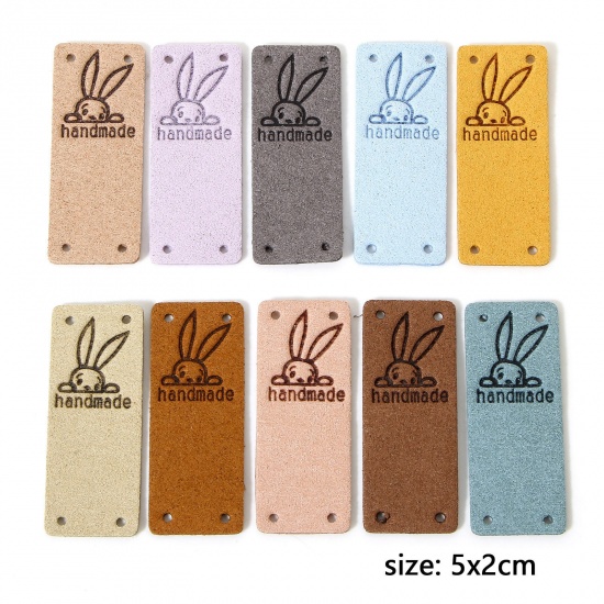 Picture of PU Easter Day Label Tag For Clothing Rectangle Multicolor Rabbit Pattern " Hand Made " 5cm x 2cm