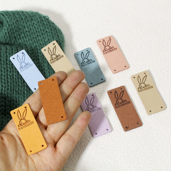 Immagine di 10 Pz PU Pasqua Etichetta Etichetta per Abbigliamento Rettangolo Multicolore Coniglio Forma " Hand Made " 5cm x 2cm
