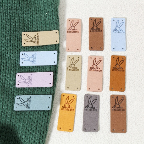 Immagine di 10 Pz PU Pasqua Etichetta Etichetta per Abbigliamento Rettangolo Multicolore Coniglio Forma " Hand Made " 5cm x 2cm
