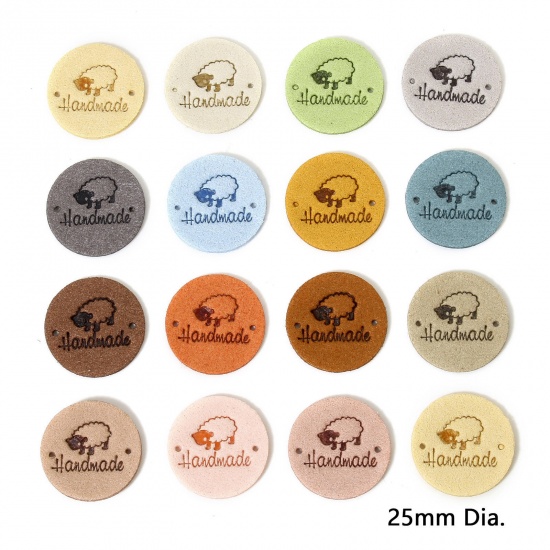 Imagen de 20 Unidades PU Etiqueta de Etiqueta para Ropa Ronda Multicolor patrón Oveja " Hand Made " 25mm
