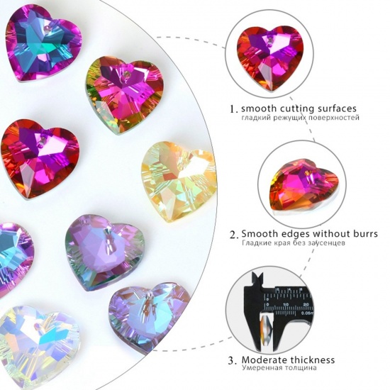Picture of Glass Valentine's Day Charms Heart Multicolor AB Rainbow Color Faceted 14mm x 14mm