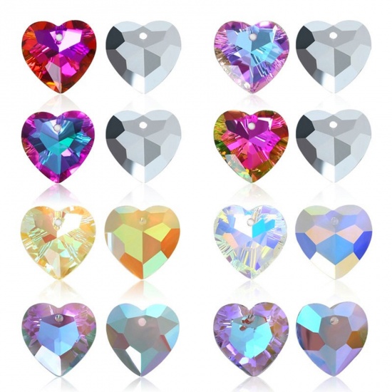 Picture of Glass Valentine's Day Charms Heart Multicolor AB Rainbow Color Faceted 14mm x 14mm