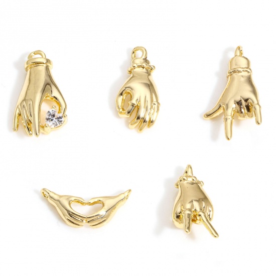 Picture of Brass Charms 14K Real Gold Plated Hand Sign Gesture 3D
