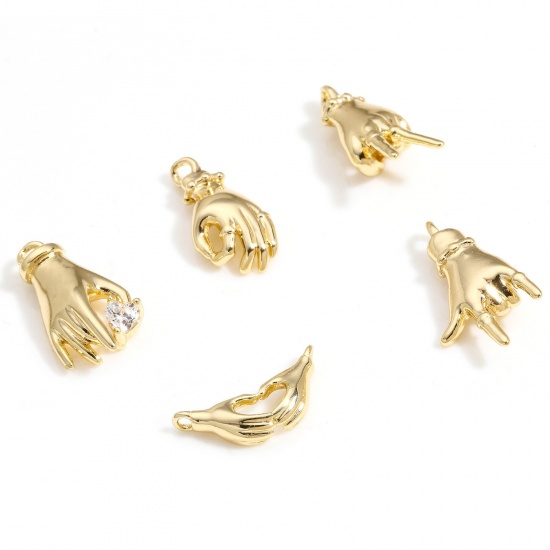 Picture of Brass Charms 14K Real Gold Plated Hand Sign Gesture 3D
