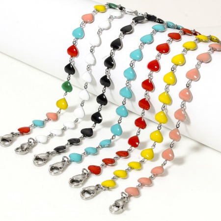 304 Stainless Steel Valentine's Day Handmade Link Chain Necklace For DIY Jewelry Making Heart Silver Tone Double-sided Enamel 45cm(17 6/8") long, Chain Size: 7mm