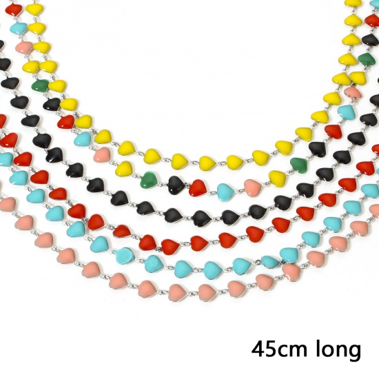 Bild von 1 Strang 304 Edelstahl Valentinstag Handgefertigte Gliederkette Halskette Herz Silberfarbe Doppelseitige Emaille 45cm lang, Kettengröße: 7mm