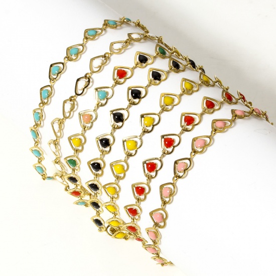 Image de 1 Pièce Bracelets Chaîne à Maillons Faite à la Main en 304 Acier Inoxydable Plaqué Or 18K Cœur Émail Double Face 17cm long